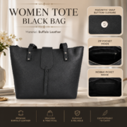 Women's Black Leather Tote Bag Large Work Office Laptop Shoulder Purse - Image 5
