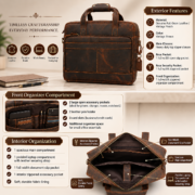 15" Full Grain Leather Laptop Bag Messenger Briefcase Work Office Shoulder Bag - Image 8