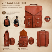 Vintage Leather Laptop Backpack Messenger Bag 16" Convertible Rucksack Satchel - Image 7