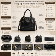 Genuine Full Grain Leather Women Handbag Large Satchel Shoulder Tote Bag Black - Image 7
