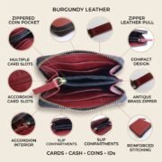 Women Genuine Leather Zip Around Wallet Burgundy Card Coin Cash Organizer - Image 7