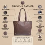 Women Genuine Leather Tote Bag Brown Large Shoulder Handbag Work Office Travel - Image 6